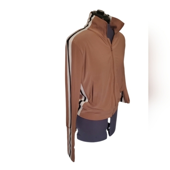 Norma Kamali Striped Stretch Jersey Track Jacket Tan Long Sleeve Size Meduim - Picture 3 of 5